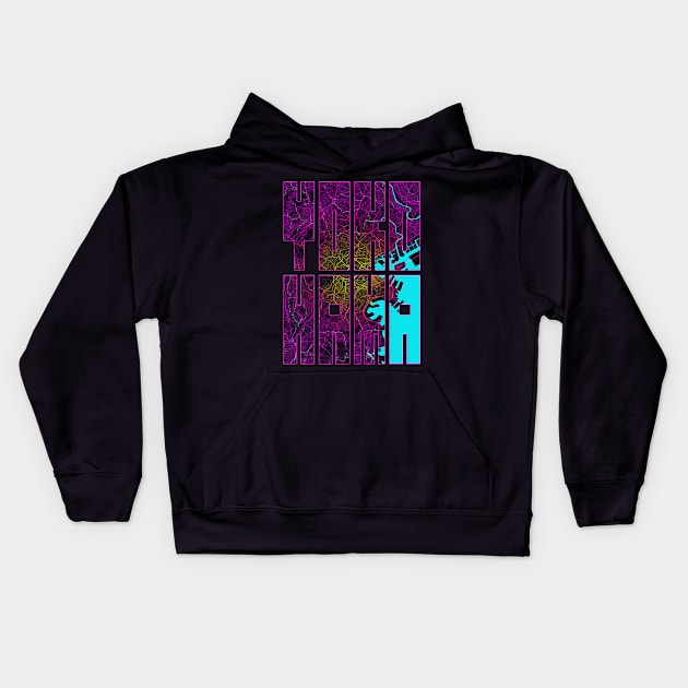 Yokohama, Japan City Map Typography - Neon Kids Hoodie by deMAP Studio